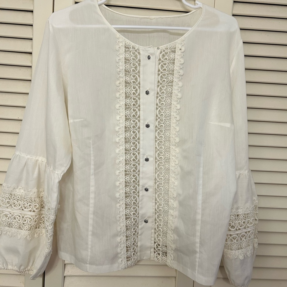 Women's Cream Lace-Trim Button Front Top